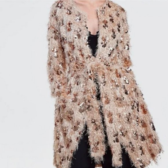 ZARA FRINGE SEQUIN ROBE KIMONO LONG JACKET COAT - Picture 4 of 8